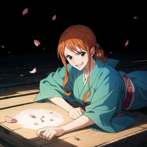 masterpiece, best quality, beautiful lighting, nami \(one piece\), 1girl, architecture, cherry blossoms, east asian architecture, falling petals, gold, japanese clothes, kimono, log pose, long hair, looking at viewer, orange hair, petals, solo, tattoo, teeth, upper teeth only , intricate, high detail, sharp focus, dramatic, beautiful girl , caustics, subsurface scattering, reflections , <lora:NamiV2:0.8>, <lora:add_detail:0.5>