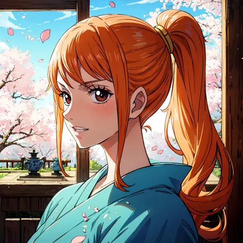masterpiece, best quality, beautiful lighting,nami \(one piece\), 1girl, architecture, cherry blossoms, east asian architecture, falling petals, gold, japanese clothes,blue kimono, log pose, long hair, looking at viewer, orange hair, petals, solo, tattoo, teeth, upper teeth only , intricate, high detail, sharp focus, dramatic, beautiful girl , caustics, subsurface scattering, reflections , <lora:NamiV2:0.75>, side ponytail, sit, indoors