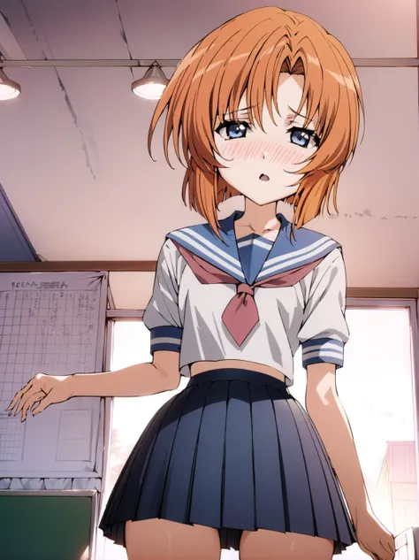 masterpiece,best quality,highest quality,best anatomy,<lora:0r0P00W0n0j0O0kqLSDXL_LoHA:1>,1girl,ryuuguu rena,solo,school uniform,blue eyes,serafuku,blush,short hair,skirt,open mouth,orange hair,looking at viewer,pleated skirt,brown hair,