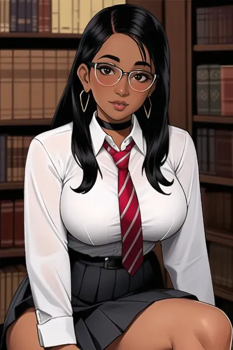 (best quality, ultra detailed), (full-face blush), (detailed background:1.2), (perfect face, detailed face), looking at viewer, (mature female:1.4), rowankhanna, 1girl, dark-skinned female, glasses, long hair, solo, brown eyes, black hair, (thick lips:1.3), waist, narrow waist, (choker, pleated skirt:1.2), black skirt, miniskirt, school uniform, jewelry, earrings, collared shirt, white shirt, big breasts, red necktie, striped necktie, sharp focus, sexually suggestive, puckered lips, indoors, library, bookshelf, (depth of field, thick thighs, sitting), <lora:RowanKhanna_v1:0.7>