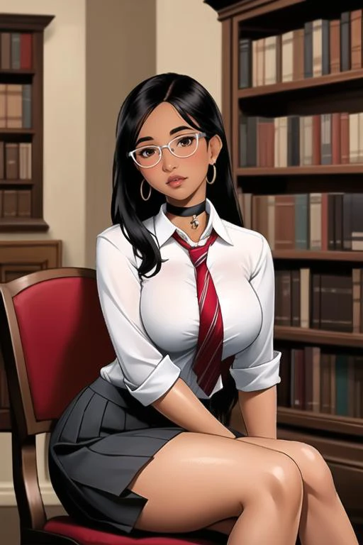 (best quality, ultra detailed), (full-face blush), (detailed background:1.2), (perfect face, detailed face), looking at viewer, (mature female:1.4), rowankhanna, 1girl, dark-skinned female, glasses, long hair, solo, brown eyes, black hair, (thick lips:1.3), waist, narrow waist, (choker, pleated skirt:1.2), black skirt, miniskirt, school uniform, jewelry, earrings, collared shirt, white shirt, big breasts, red necktie, striped necktie, sharp focus, sexually suggestive, puckered lips, indoors, library, bookshelf, (depth of field, thick thighs, sitting), <lora:RowanKhanna_v1:0.7>