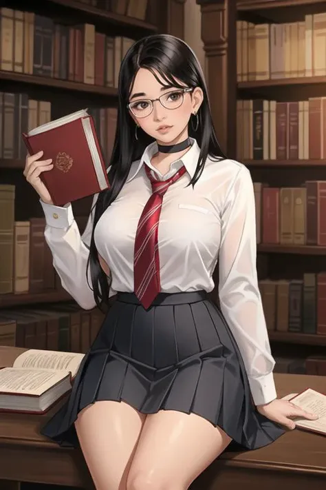 (best quality, ultra detailed), (full-face blush), (detailed background:1.2), (perfect face, detailed face), looking at viewer, (mature female:1.4), rowankhanna, 1girl, dark-skinned female, glasses, long hair, solo, brown eyes, black hair, (thick lips:1.3), waist, narrow waist, (holding book, choker, pleated skirt:1.2), black skirt, miniskirt, school uniform, jewelry, earrings, collared shirt, white shirt, big breasts, red necktie, striped necktie, sharp focus, sexually suggestive, puckered lips, indoors, library, bookshelf, (depth of field, thick thighs, sitting), <lora:RowanKhanna_v1:0.7>