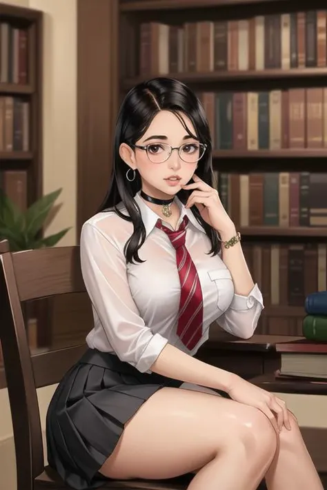 (best quality, ultra detailed), (full-face blush), (detailed background:1.2), (perfect face, detailed face), looking at viewer, (mature female:1.4), rowankhanna, 1girl, dark-skinned female, glasses, long hair, solo, brown eyes, black hair, (thick lips:1.3), waist, narrow waist, (choker, pleated skirt:1.2), black skirt, miniskirt, school uniform, jewelry, earrings, collared shirt, white shirt, holding book , big breasts, red necktie, striped necktie, sharp focus, sexually suggestive, puckered lips, indoors, library, bookshelf, (depth of field, thick thighs, sitting), <lora:RowanKhanna_v1:0.7>