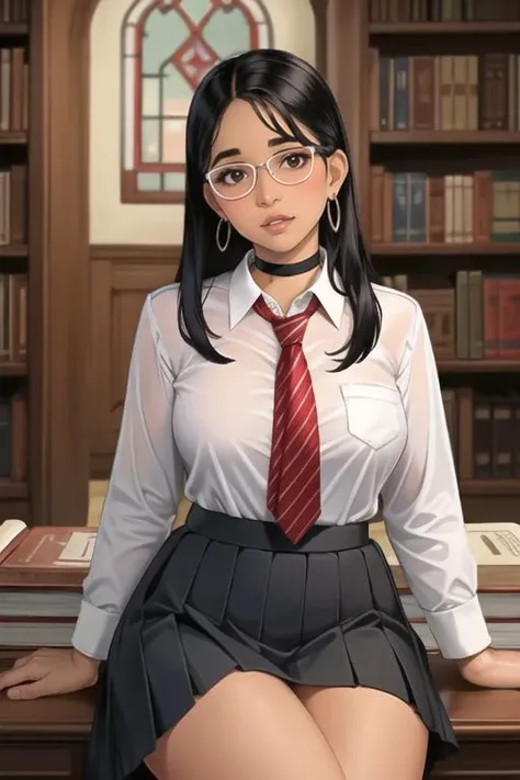 (best quality, ultra detailed), (full-face blush), (detailed background:1.2), (perfect face, detailed face), looking at viewer, (mature female:1.4), rowankhanna, 1girl, dark-skinned female, glasses, long hair, solo, brown eyes, black hair, (thick lips:1.3), waist, narrow waist, (choker, pleated skirt:1.2), black skirt, miniskirt, school uniform, jewelry, earrings, collared shirt, big breasts, red necktie, striped necktie, sharp focus, sexually suggestive, puckered lips, indoors, library, bookshelf, (depth of field, thick thighs, sitting), <lora:RowanKhanna_v1:0.7>