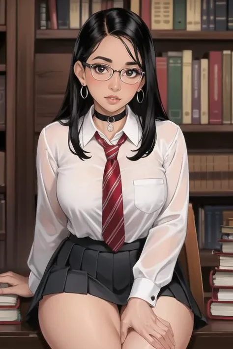(best quality, ultra detailed), (full-face blush), (detailed background:1.2), (perfect face, detailed face), looking at viewer, (mature female:1.4), rowankhanna, 1girl, dark-skinned female, glasses, long hair, solo, brown eyes, black hair, (thick lips:1.3), waist, narrow waist, (choker, pleated skirt:1.2), black skirt, miniskirt, school uniform, jewelry, earrings, collared shirt, big breasts, red necktie, striped necktie, sharp focus, sexually suggestive, puckered lips, indoors, library, bookshelf, (depth of field, thick thighs, sitting), <lora:RowanKhanna_v1:0.7>