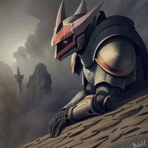 philippe druillet,enki bilal,moebius inspired french comics, bird's-Eye View of a man knight armor, resting in a haze of smoke, dust, eerie colored gas fog, <lora:primaris_marine-knight_armor-000007:0.8>, g1g3r, <lora:g1g3r:0.4>, distinct contrast in colors and textures, grainy texture,surreal