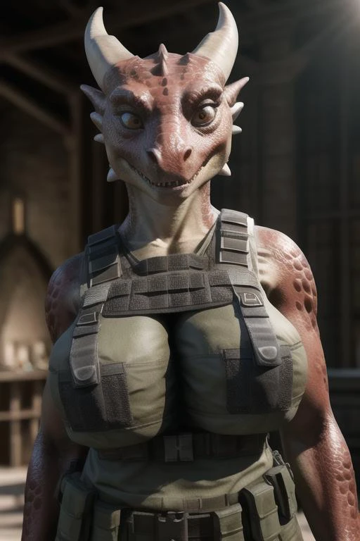 real e621, photorealistic, masterpiece, kobold, female, large breasts, bulletproof vest