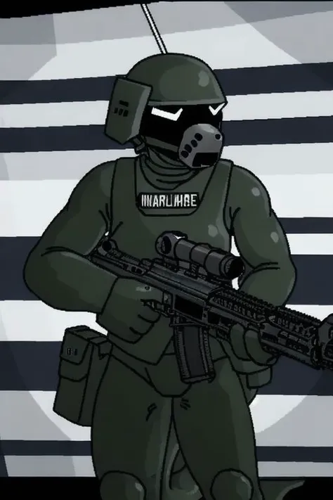Human Marine, wearing MOPP gear, assault rifle, standing, aiming assault rifle, muzzle-flashes from assault rifle, masterpiece, changed style,