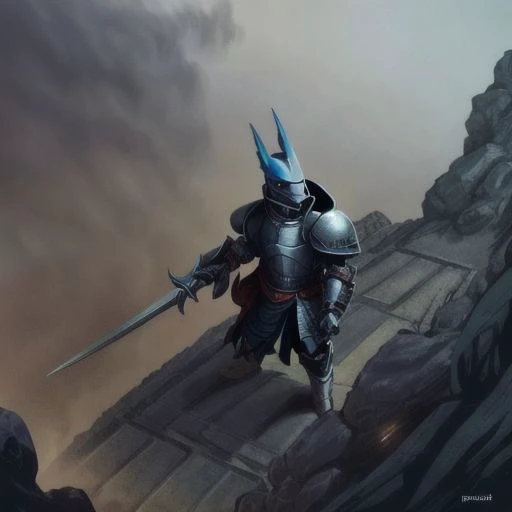 philippe druillet,enki bilal,moebius inspired french comics, bird's-Eye View of a man knight armor, resting in a haze of smoke, dust, eerie colored gas fog, <lora:primaris_marine-knight_armor-000007:0.8>, g1g3r, <lora:g1g3r:0.4>, distinct contrast in colors and textures, grainy texture,surreal