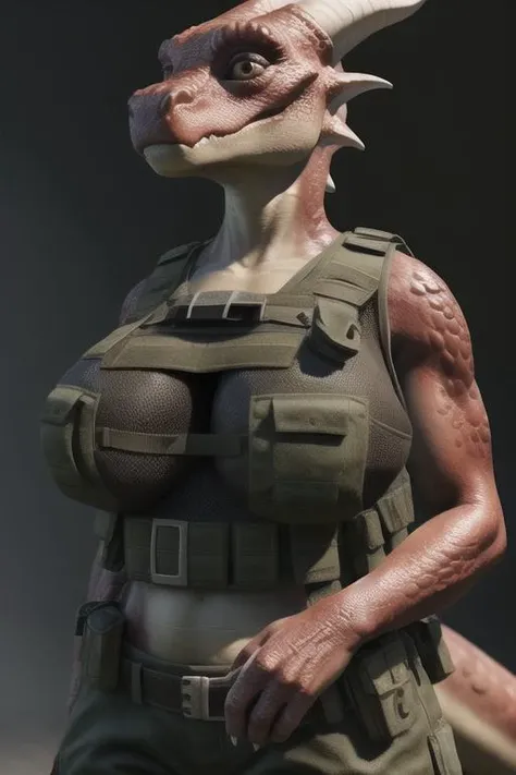 real e621, photorealistic, masterpiece, kobold, female, large breasts, bulletproof vest
