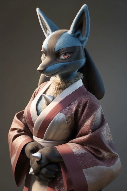 real e621, photorealistic, masterpiece, lucario_(pokemon), smiling at viewer, wearing kimono, sharp eyes,