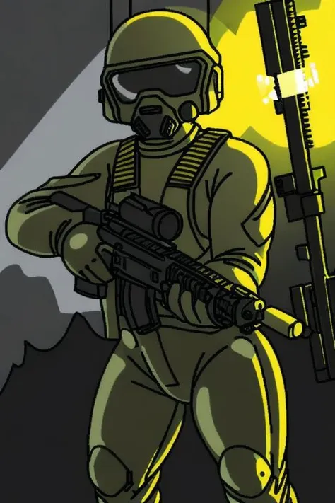 Human Spec Ops Soldier in HAZMAT suit, assault rifle, standing, aiming assault rifle, muzzle-flashes from assault rifle, masterpiece, changed style,