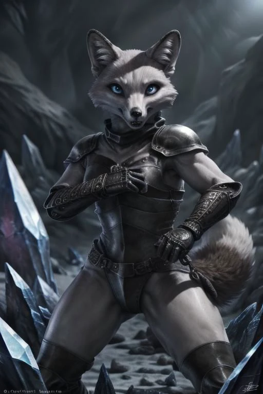 ASCIIAnime style, masterpiece, ecafless, adventurer fox, in crystal cavern, wearing leather armor, fight pose, looking angrily at viewer,