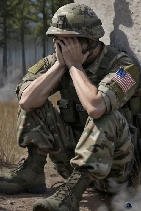 real e621, photorealistic, masterpiece, depressed soldier, sitting against wall, holding head in hands and looking down, covering eyes with hands, full body portrait, wearing woodland camo EROL bdu, battlefield, smoke, burnt-out humvee in background,