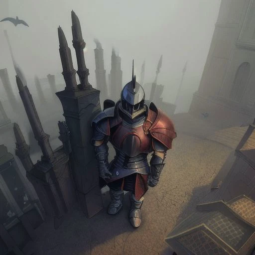 philippe druillet,enki bilal,moebius inspired french comics, bird's-Eye View of a man knight armor, resting in a haze of smoke, dust, eerie colored gas fog, <lora:primaris_marine-knight_armor-000007:0.8>, g1g3r, <lora:g1g3r:0.4>, distinct contrast in colors and textures, grainy texture,surreal