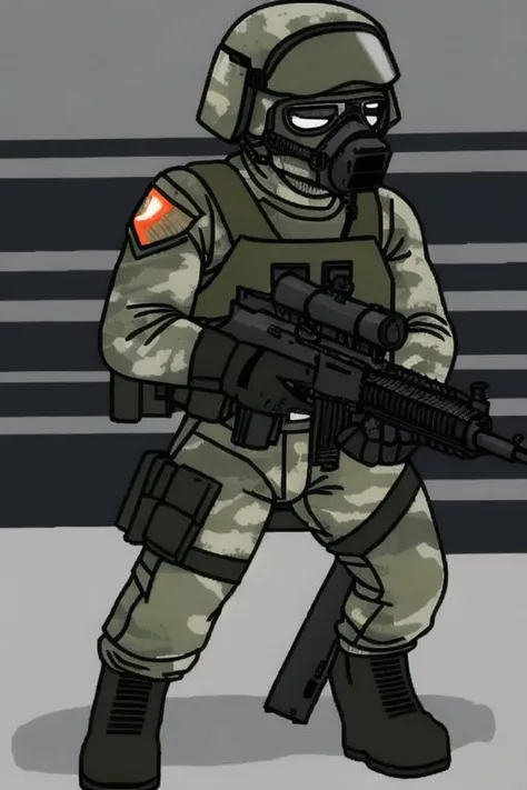 Human Spec Ops Soldier, assault rifle, standing, aiming assault rifle, muzzle-flashes from assault rifle, masterpiece, changed style,