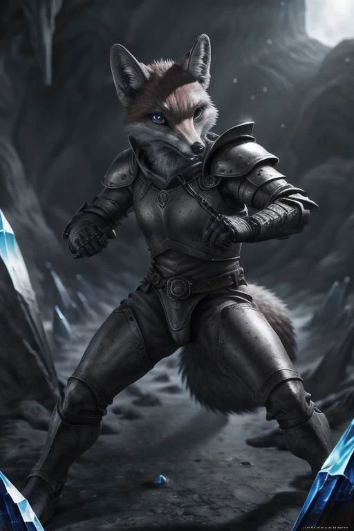 ASCIIAnime style, masterpiece, ecafless, adventurer fox, in crystal cavern, wearing leather armor, fight pose, looking angrily at viewer,
