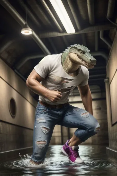 male muscular alligator wearing torn white t-shirt, wearing torn jeans shorts, wearing sneakers without socks in dirty water, eyes closed, painful expression, teeth clenched, splashing, ankle high water, wet scales, sewer, underground, (intricate details, high detail, soft focus, photorealistic, realistic, ultrarealistic, (masterpiece, best quality:1.4), 8k, high res) <lora:more_details:0.2>, <lora:Furtastic_Detailer:0.8>