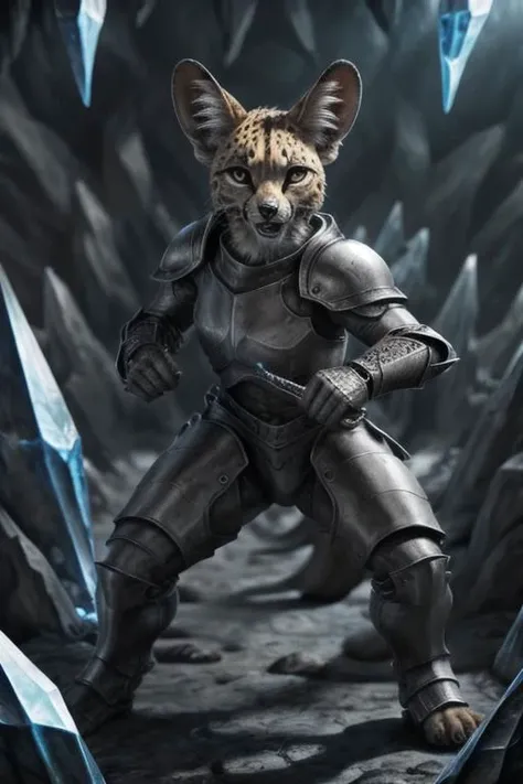 ASCIIAnime style, masterpiece, ecafless, adventurer serval, in crystal cave, wearing battle armor, fight pose, snarling at viewer,