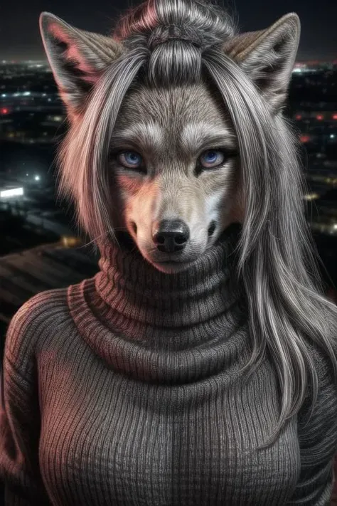 ASCIIReal e621, photorealistic, masterpiece, (((anthro female wolf, anime hair, furred body, wearing gray turtleneck sweater and black cargo pants, nighttime, high-angle front view))), bright sharp eyes and face: 1.4, sharp details: 1.7, extreme detail: 1.9, intricate details: 1.8, extremely detail composition: 1.7, extremely detailed background: 1.6, perfect hands: 1.5, defined clear sharp intricate details: 1.8,