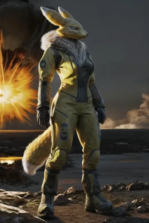 real e621, photorealistic, masterpiece
(nuclear explosion:1.2)
furry, renamon, radiation suit