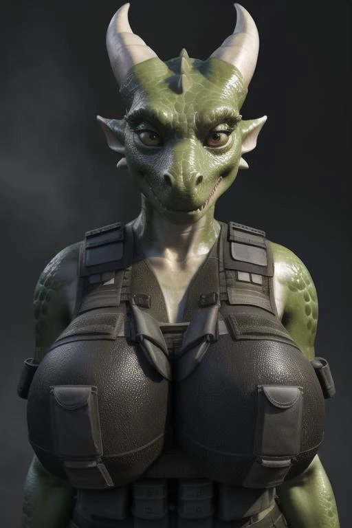 real e621, photorealistic, masterpiece, kobold, female, large breasts, bulletproof vest