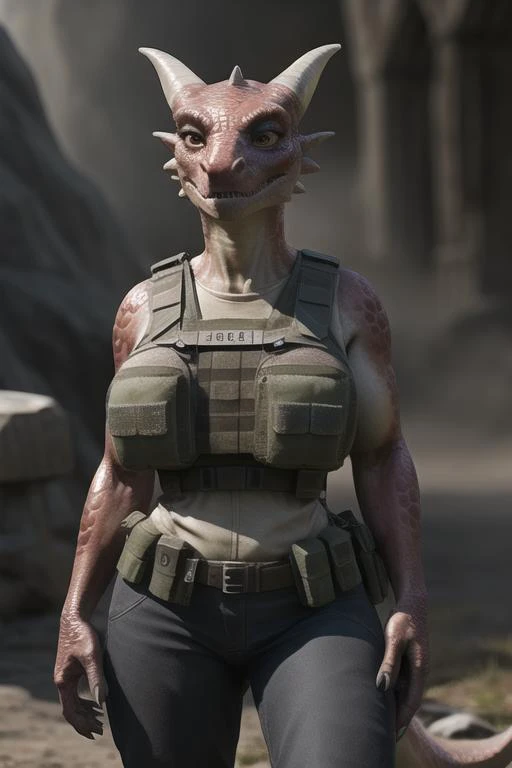 real e621, photorealistic, masterpiece, kobold, female, large breasts, bulletproof vest