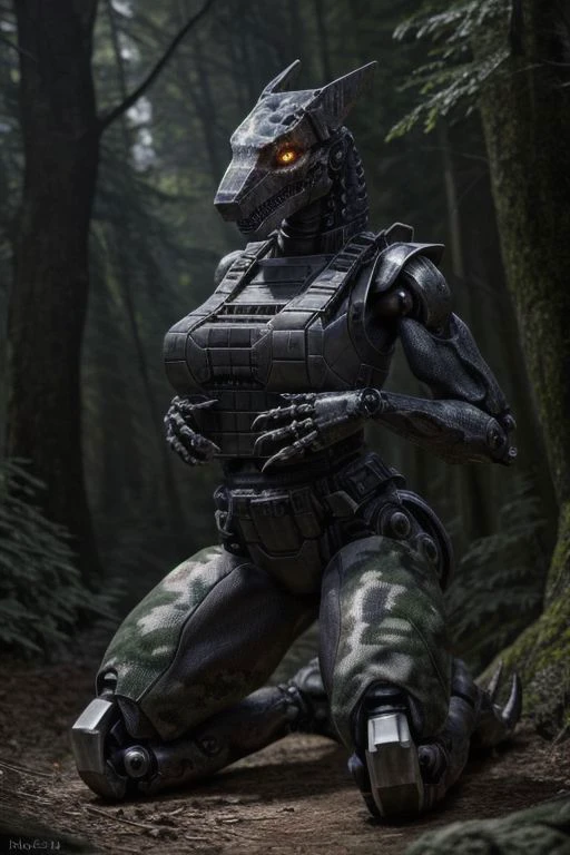 {{real e621}}, {{{photorealistic}}}, masterpiece, blocky angular mechanical robotic jackal head and breasts, black body, sharp glowing orange eyes, looking at viewer, full body portrait, kneeling, sharp claws, ((wearing bulletproof vest and digital_camouflage)), tilting head towards viewer, side view, pitching chin up, slight open mouth, metallic sheen, forest background, blue sky,