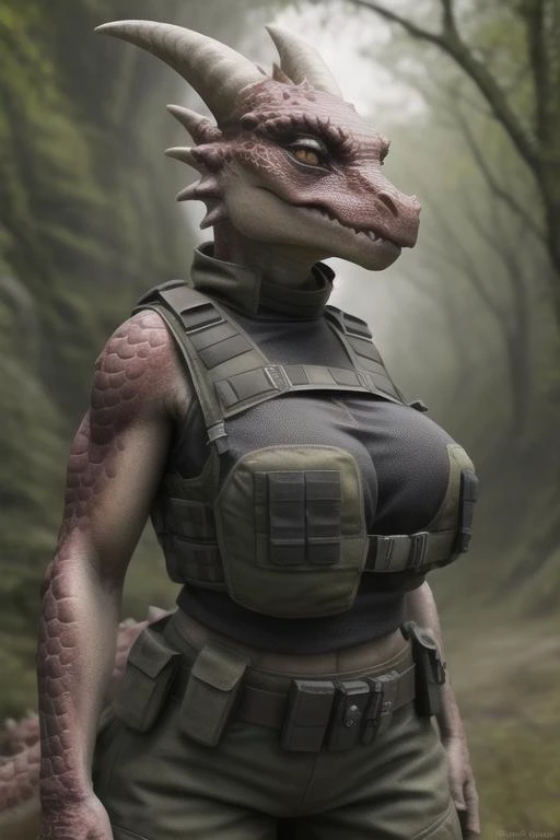 real e621, photorealistic, masterpiece, kobold, female, large breasts, bulletproof vest