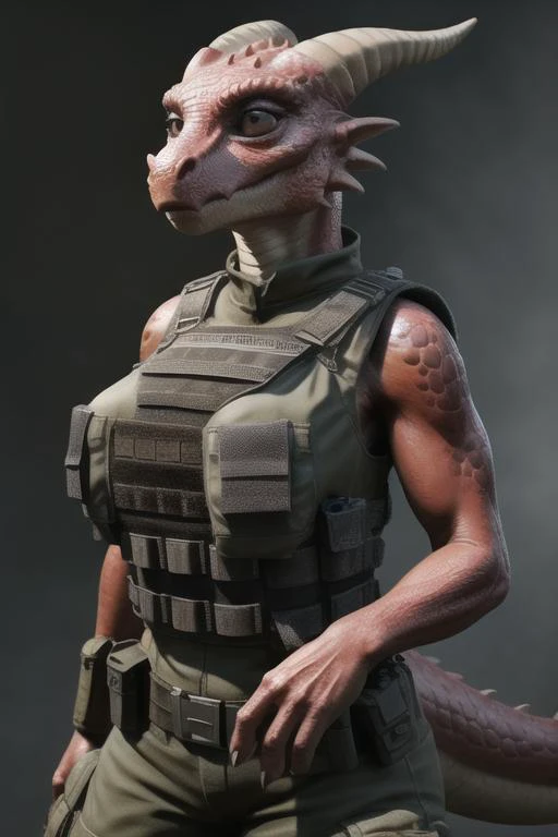 real e621, photorealistic, masterpiece, kobold, female, large breasts, bulletproof vest