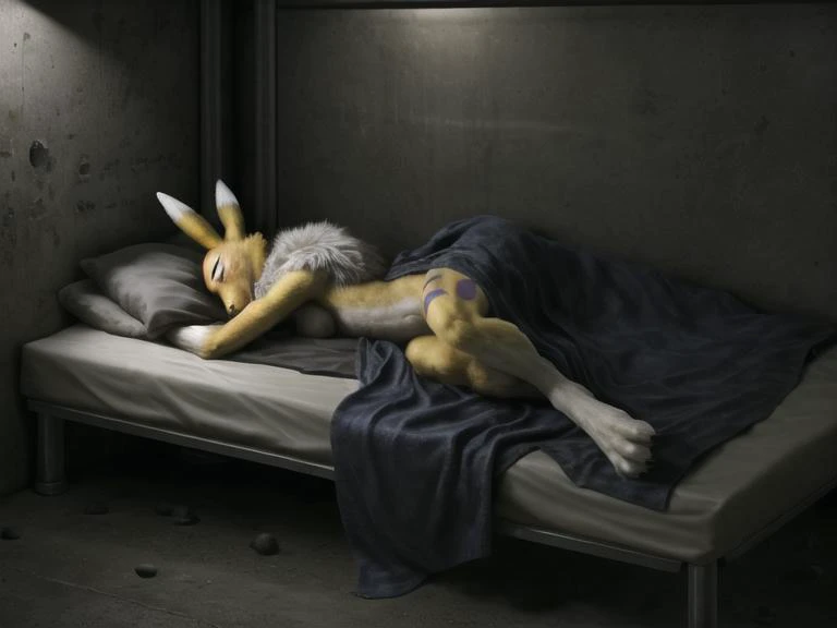 real e621, photorealistic, masterpiece, renamon, full body, solo, lying down, subway tunnel, night, thick fog, dark, lonely, sleeping, blanket, pillow
