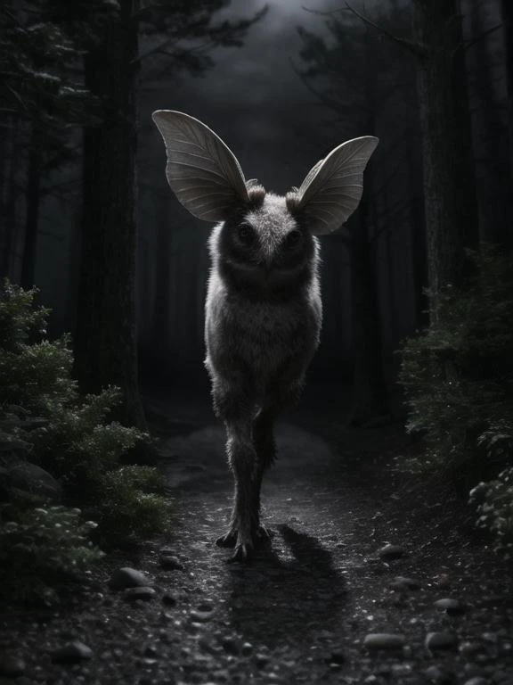 real e621, photorealistic, masterpiece
night, dark, cloudy
forest, gravel path
solo, full body
moth
