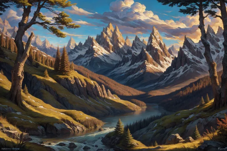 a beautiful and detailed picture of a mountain forest landscape with a river, no-people, zero-pictured, ((scenery)), (path), mountains, trees, clouds, foxovh honovy hioshiru personalami,