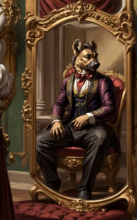 Digital painting in the style of Anthony van Dyck, a distinguished hyena gentleman clad in a tailored black button-up shirt and fitted black pants. He adjusts his cravat with a refined air, his reflection gazing back from a gilded mirror in a richly decorated dressing room. Ornate tapestries adorn the walls, and a plush armchair sits invitingly in the corner.
 <lora:add_detail:0.8> <lora:btets_v1.0_:0.8> btets