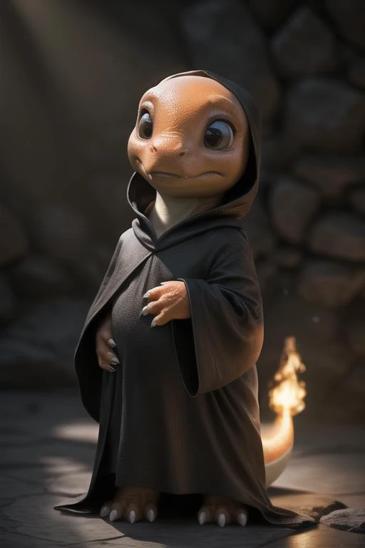 real e621, photorealistic, masterpiece, very bright lighting and bright composition, full body, scalie, charmander, cultist, black hooded robe, cute