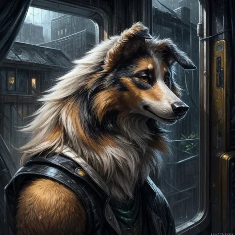 breathtaking alla prima oil painting, Anthro male (((rough collie))) with cyberpunk enhancements. In a old rundown cyberpunk house looking outside the window. Lightning strike in the backyard lighting up the background with rain.
, close up, (alla prima style:1.3), oil on linen, painterly oil on canvas, (painterly style:1.3), exquisite composition and lighting, modern painterly masterpiece, by alexi zaitsev, award-winning painterly alla prima oil painting<lora:add_detail:0.6>