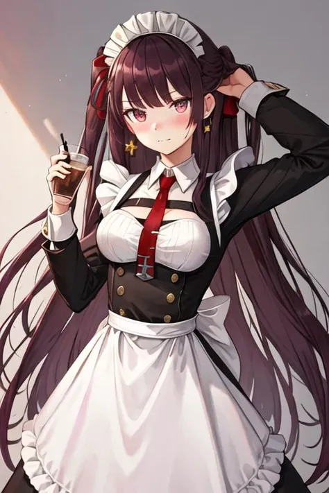 best quality, masterpiece, highres, solo, {maid:1.40}, {long maid dress:1.15}, {wa2000_girlsfrontline:1.15}, long_hair, bangs, red_eyes, purple_hair, blush, ribbon, breasts, hair_ribbon, one_side_up, very_long_hair, large_breasts, red_ribbon, closed_mouth, necktie