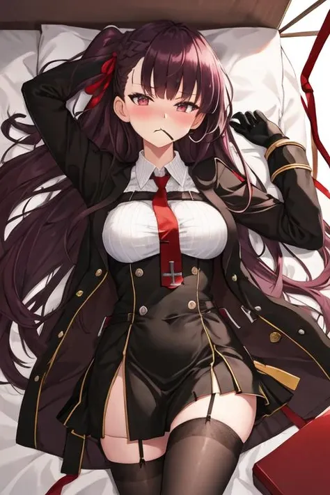 best quality, masterpiece, highres, solo, {wa2000_girlsfrontline:1.15}, long_hair, bangs, red_eyes, purple_hair, blush, ribbon, breasts, hair_ribbon, one_side_up, very_long_hair, large_breasts, red_ribbon, closed_mouth, necktie, 1girl, braid, gloves, jacket, looking_at_viewer, red_necktie, shirt, white_shirt, blazer, collared_shirt, long_sleeves, skirt, black_gloves, framed_breasts, half_updo, hand_on_own_chest, lying, on_back, upper_body