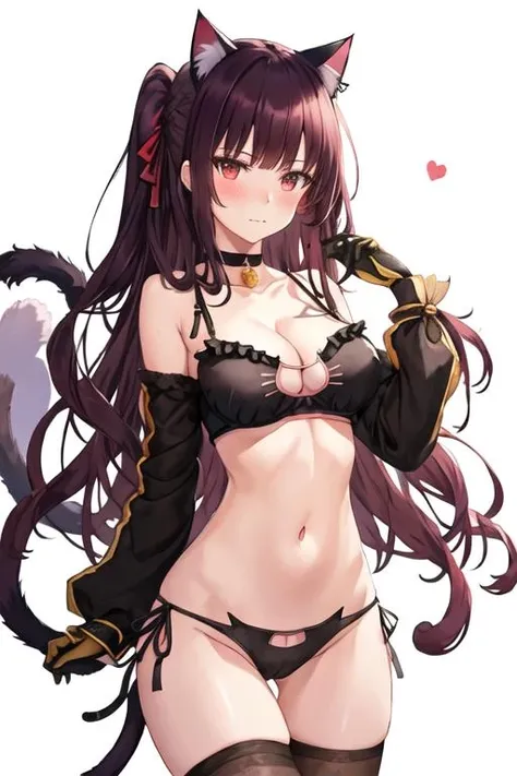 best quality, masterpiece, highres, solo, {wa2000_girlsfrontline:1.15}, long_hair, bangs, red_eyes, purple_hair, blush, ribbon, breasts, hair_ribbon, one_side_up, very_long_hair, large_breasts, red_ribbon, closed_mouth, necktie, 1girl, bell, bra, cat_cutout, cat_lingerie, choker, cleavage, jingle_bell, looking_at_viewer, meme_attire, underwear, bare_shoulders, black_bra, cleavage_cutout, clothing_cutout, frilled_bra, frills, neck_bell, cat_ears, animal_ears, collarbone, simple_background, navel, stomach, underwear_only, black_panties, cat_ear_panties, cat_tail, panties, side-tie_panties, tail, sidelocks, white_background