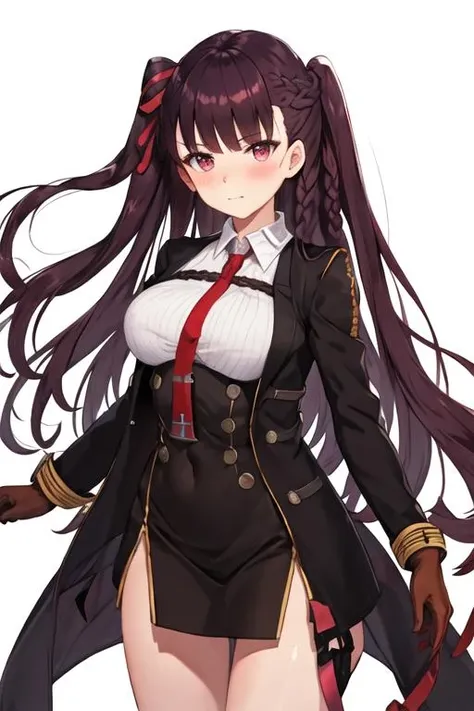 best quality, masterpiece, highres, solo, {wa2000_girlsfrontline:1.15}, long_hair, bangs, red_eyes, purple_hair, blush, ribbon, breasts, hair_ribbon, one_side_up, very_long_hair, large_breasts, red_ribbon, closed_mouth, necktie, 1girl, collared_shirt, jacket, looking_at_viewer, red_necktie, shirt, blazer, half_updo, white_shirt, simple_background, braid, tsurime, gloves, upper_body, framed_breasts
