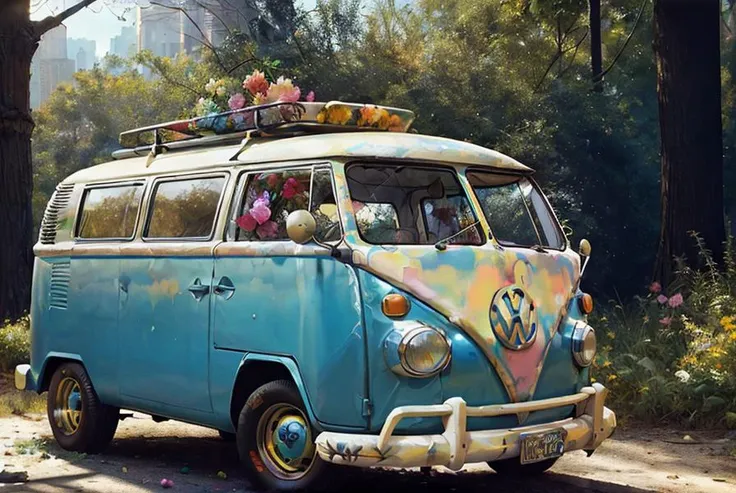 a Vintage VW Bus Restomod van multicolor graffiti flowers on the bodywork, ashley wood, cgstudio, digital painting, <lora:LaxpeintXL-2.0:1>, greg rutkowski craig mullins ross tran muchne maxfield parrish artgerm Alphonse Michael Whelan Peter Jones, cinematic backlighting, magical deep shadows
