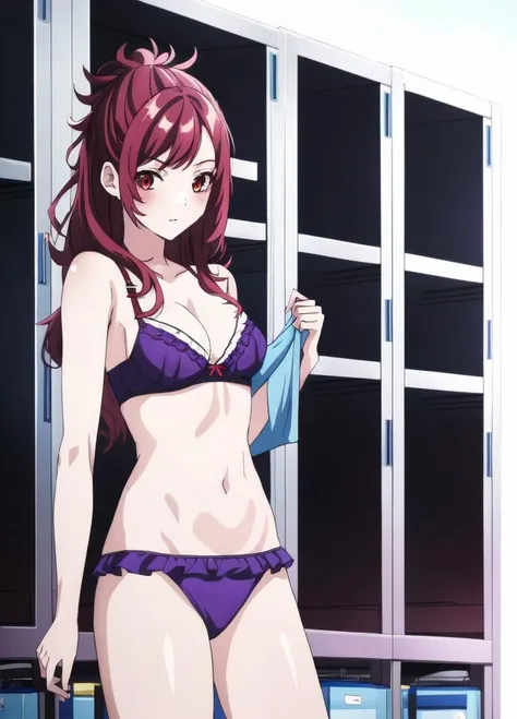 Kaede, 1girl, red eyes, bra, frills, locker, locker room, long hair, panties, purple bra, red hair, solo, swimsuit, underwear, undressing, white shirt, 8k, masterpiece, trending on artstation, <lora:Masterpiace:0.7>, <lora:Cheat_Skill_in_Another_World-Kaede:1>,