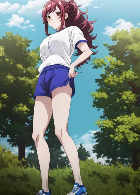 Kaede, red eyes,, 1girl, solo, anime coloring, blue shorts, blue sky, braid, breast envy, breasts, brown eyes, cloud, day, gym shorts, gym uniform, large breasts, long hair, outdoors, ponytail, red hair, shiny, shiny hair, shirt, short hair, short shorts, short sleeves, shorts, sky, tree, white shirt, 8k, masterpiece, trending on artstation, <lora:Masterpiace:0.7>, <lora:Cheat_Skill_in_Another_World-Kaede:1>,