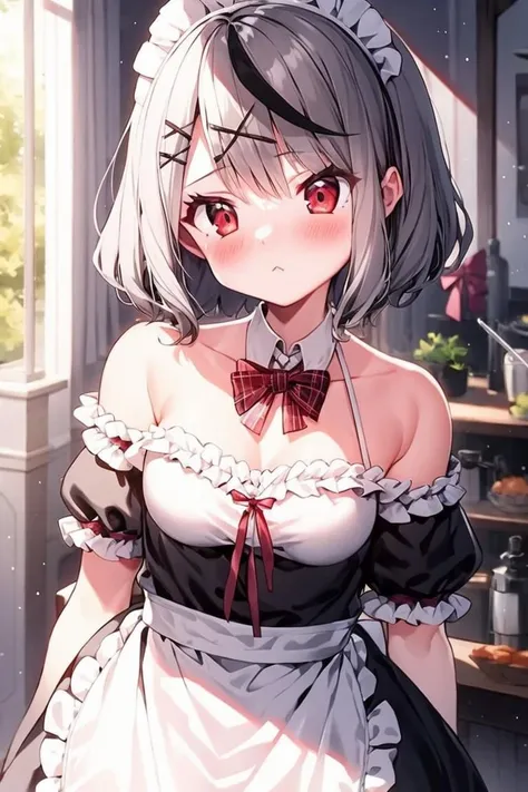 <lora:chloe_lora-last:0.8> 1girl, chloe, solo, gloves, red eyes, x hair ornament, red bow, plaid bow, grey hair, multicolored hair, black streaked hair, bangs, short hair, off shoulder, bare shoulders, medium breasts, white shirt, maid headdress, maid, nose blush, :<