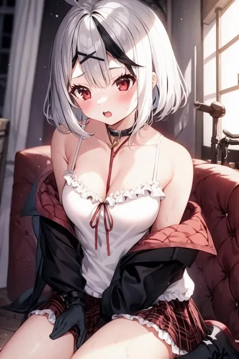 <lora:chloe_lora-last:0.8> 1girl, chloe, sakamata chloe, solo, gloves, red eyes, x hair ornament, red bow, plaid bow, grey hair, multicolored hair, black hair, streaked hair, bangs, short hair, off shoulder, bare shoulders, medium breasts, white shirt, cleavage, frills