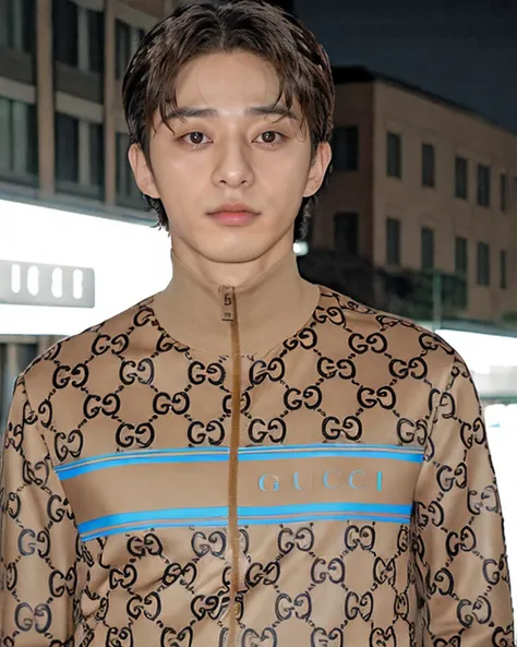 8k HD RAW High resolution photo of parkseo <lora:parkseo-v1:0.9> young korean male, stunningly gorgeous, , best quality, highly detailed, look at camera, professional photography ,photorealistic, (looking at the viewer:1.5), (open mouth:0.9), <lora:CaruZo_Street_Couture_-_Gucci_tracksuit_v2:0.2> dcgts, wearing track suit, brown tracksuit, serious look