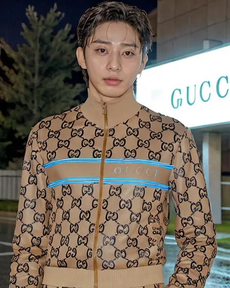 8k HD RAW High resolution photo of parkseo <lora:parkseo-v1:0.9> young korean male, stunningly gorgeous, , best quality, highly detailed, look at camera, professional photography ,photorealistic, (looking at the viewer:1.5), (open mouth:0.9), wet hair, wet face <lora:CaruZo_Street_Couture_-_Gucci_tracksuit_v2:0.2> dcgts, wearing track suit, brown tracksuit