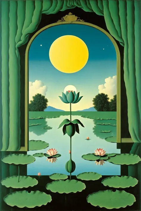 STYLE OF RENE MAGRITTE,<lora:FF_Style_Rene-Magritte:1>,
Surrealism,
Lotus Pond Moonlight,