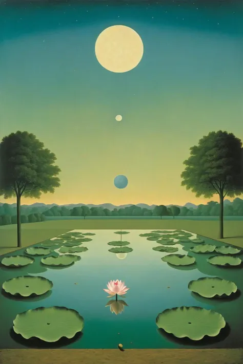 STYLE OF RENE MAGRITTE,<lora:FF_Style_Rene-Magritte:1>,
Surrealism,
Lotus Pond Moonlight,
