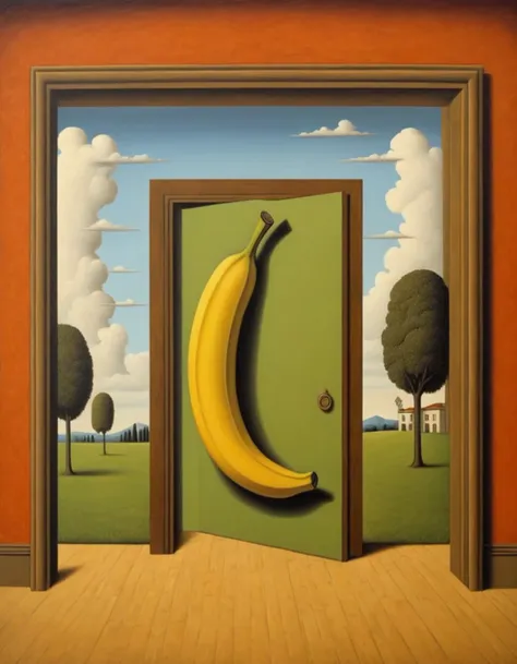 Cubist artwork <lora:FF_Style_Rene-Magritte:1> in the style of rene magritte,rene magritte style,rene magritte art,rene magrittea painting of bananas in a room with a door, chris achilleos, chirico and rene magritte, inspired by Jacek Yerka, peter driben, inspired by Peter Blume, jacek yerka and vladimir kush, magic realism painting, surreal scene, in style of rene magritte, by Peter de Sve . Geometric shapes, abstract, innovative, revolutionary